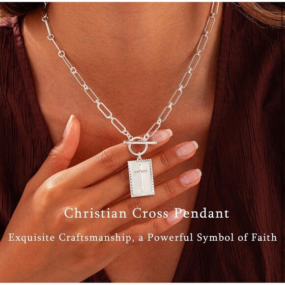 Layered Cross Necklace, Chunky Silver rectangle charm, paperclip chain, toggle - Picture 6 of 13